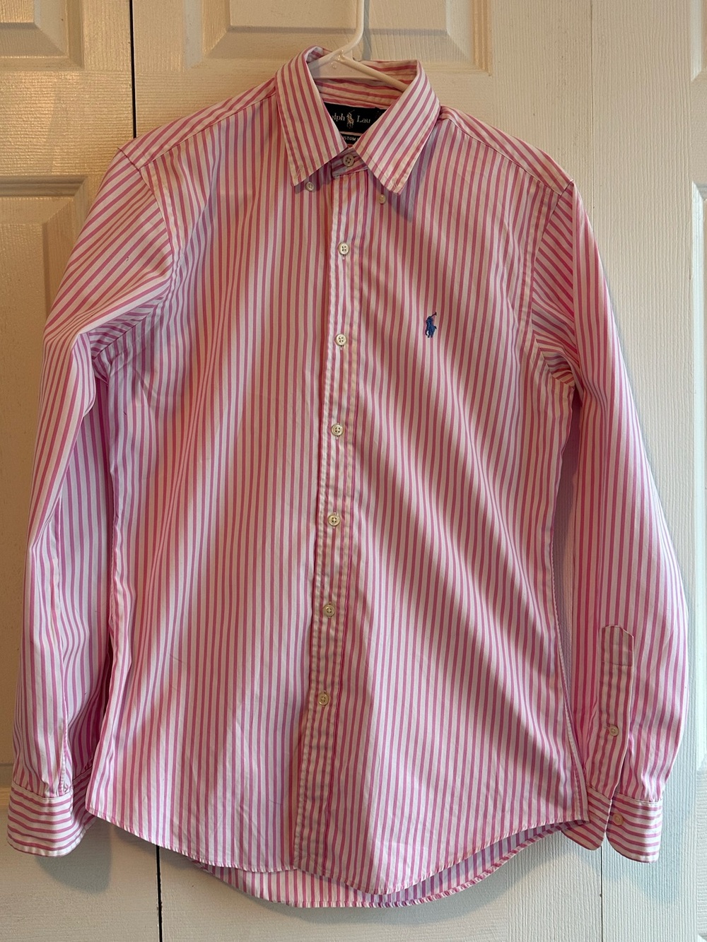 Ralph Lauren %100 Cotton Pink and White Striped Button-Down Shirt